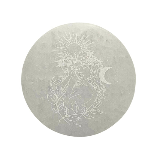 10cm Selenite round engraved charging disc  - Free spirit