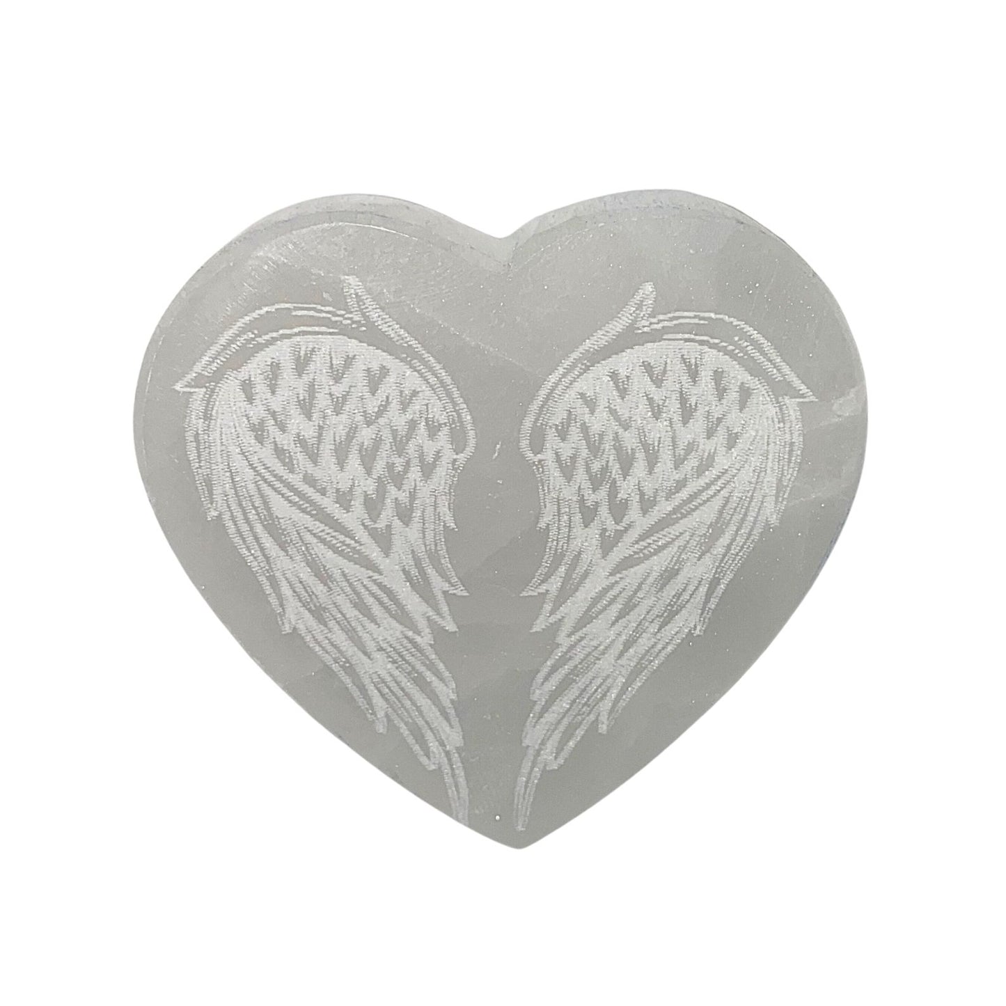 10cm Selenite heart engraved charging disc - Angel wings