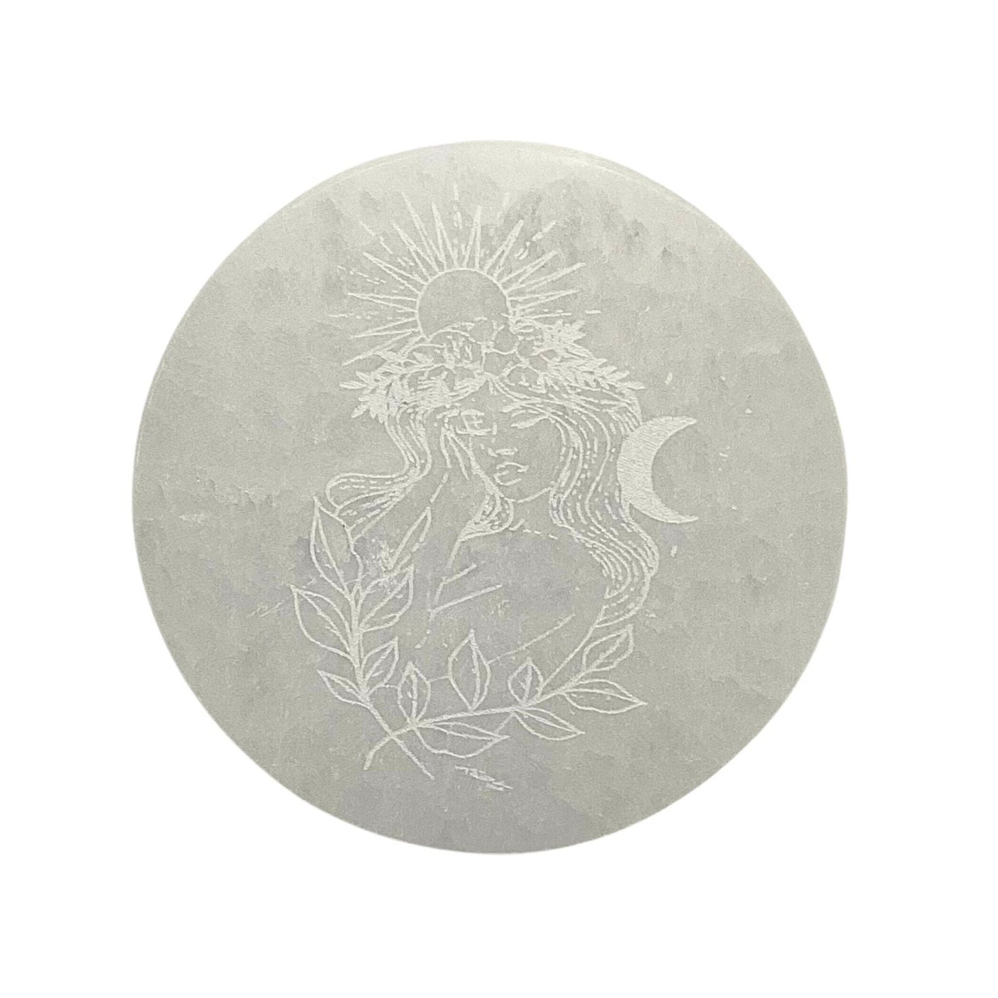 10cm Selenite round engraved charging disc  - Free spirit
