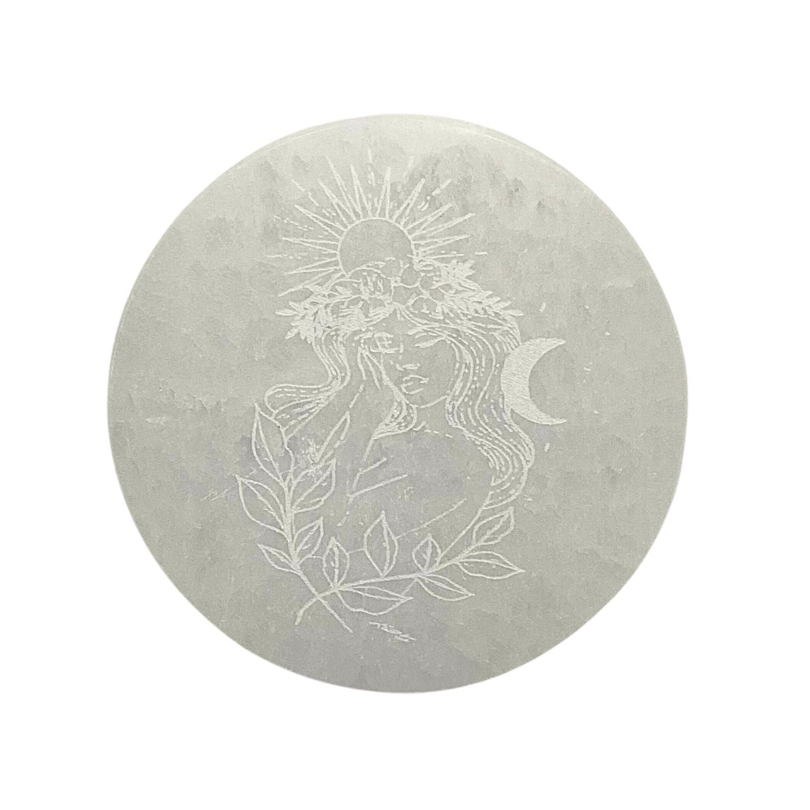 10cm Selenite round engraved charging disc  - Free spirit