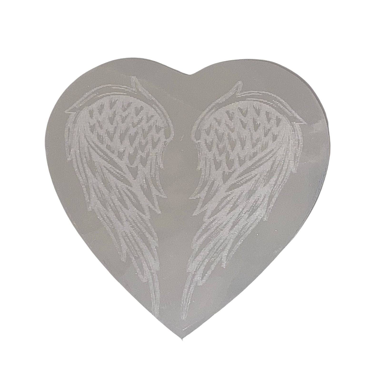 10cm Selenite heart engraved charging disc - Angel wings