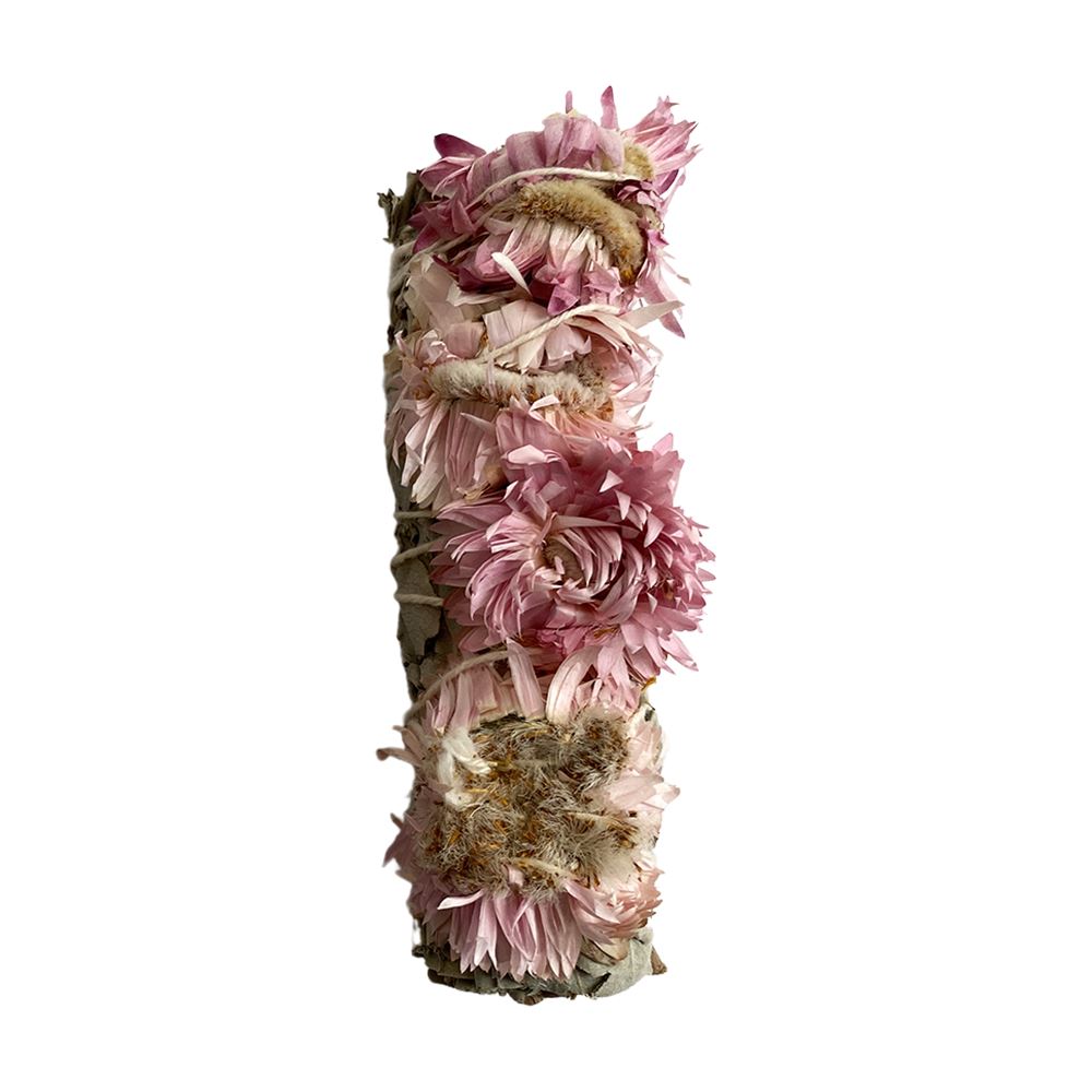 Pink sunflower and white sage 4" smudge sticks